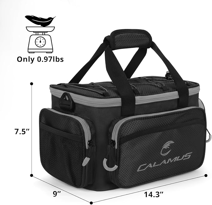 Calamus TB61 Fishing Tackle Bag，Black | Saltwater & Freshwater Fishing Bags, Rip-Stop PE, Padded Shoulder Strap, Pliers Storage, Easy to Organize, Functional Design