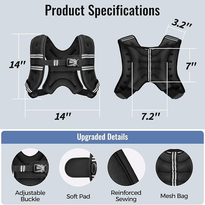 Zeerun Weighted Vest, 6lb/8lb/10lb/12lb/15lb/18lb/20lb/24lb/30lb for Men Women, Reflective Stripe Adjustable Buckle, Comfortable Durable Rucking Vest for Walking Running Strength Training