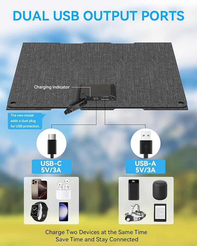 Ecosonique 15W and 30W Portable Solar Panel Charger with USB-A USB-C Ports and ETFE IP67 Waterproof Camping Backpacking Hiking Emergency for Phones，Tablets, Power Banks