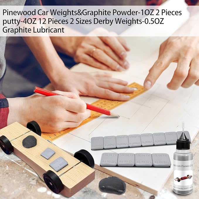 DerbyCraftPro Pinewood Weights Car Kit-5oz Total Derby Car Weights (1oz Tungsten Weights Putty+4oz Derby Weights) & 0.5oz Graphite Powder Lubricant, Lead-Free, Peel & Stick for Precise COG Adjustment