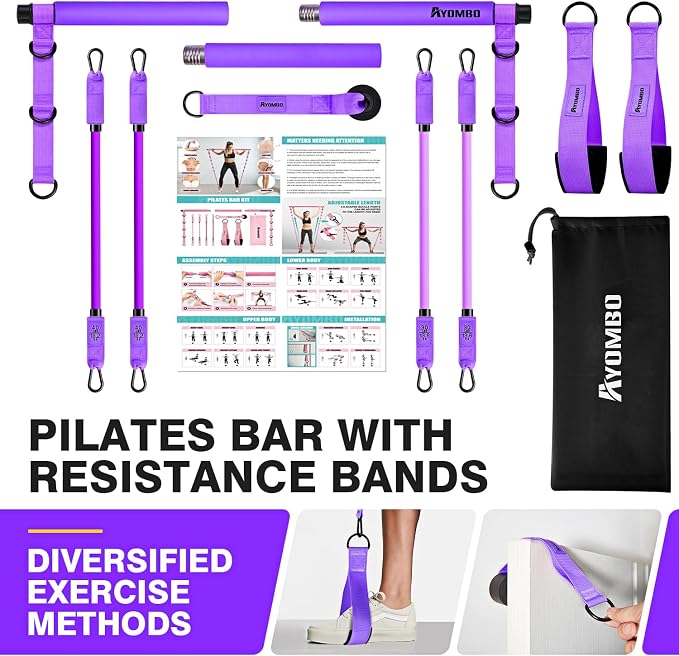 Ayombo Pilates Bar Kit with Resistance Bands, Pilates Workout Equipment for Legs, Hip, Waist, Arm, Squats Exercise Equipment for Home Workouts, Adjustable 3-Section Pilates Bar Kit for Women & Men