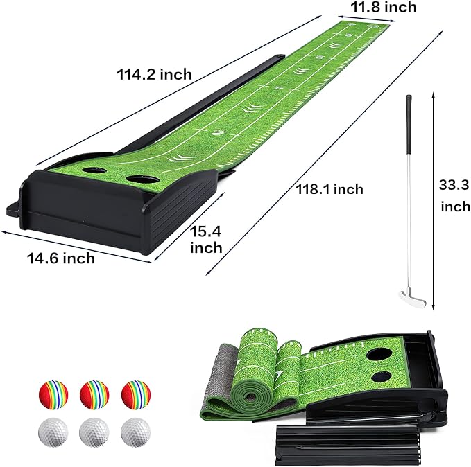 Losbenco Putting Green Indoor Golf Set with Putter & 6 Balls, Portable Golf Putting Practice Mat with Auto Ball Return System Suitable for Office, Backyard, Patio, Golf Gift for Men