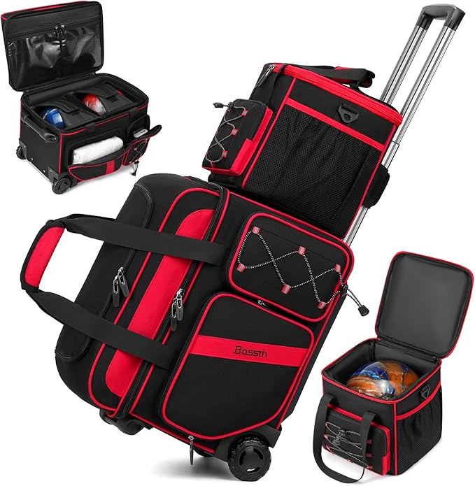 BOSSTIN 3 Ball Bowling Bag with Wheels, 2 Ball Bowling Bags Double roller with 1 Ball Add On Bag, Multi-Pockets & Shoe Compartment (Fits Up to Size 15)