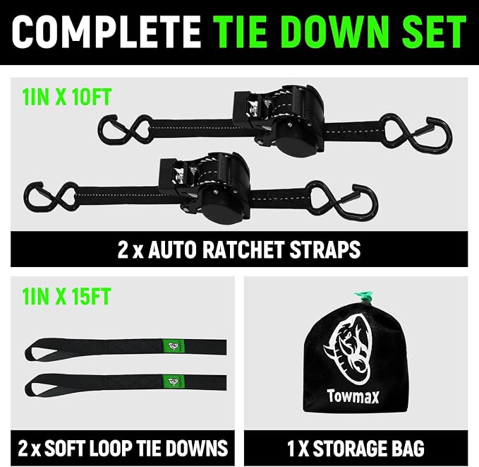 Retractable Ratchet Straps (Patented-2pack) - 1 inch x 10Feet (1,800lb Break Strength) Auto Self Retracting Tie Down Straps - Self Retractable Straps with Refletcive for Motorcyle, Truck or Cargo