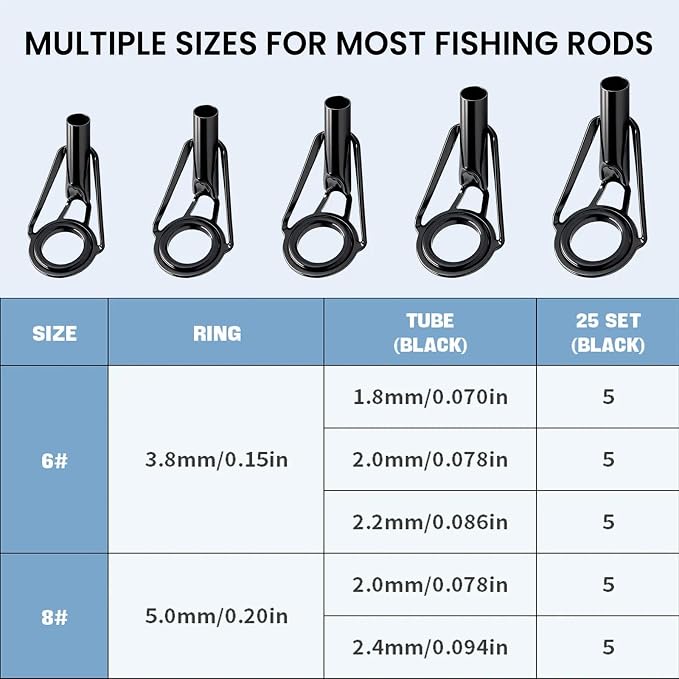 9KM DWLIFE Fishing Rod Tip Repair Kit, Black Stainless Steel, Wear Resistant Ceramic Ring, Guide Replacement 25/35/45/60/65pcs