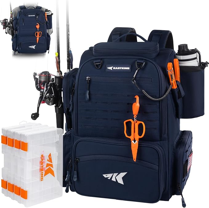 KastKing Bait Boss Fishing Tackle Backpack with Rod Holders-4 Tackle Boxes-Rain Cover,Storage for Fishing Gear