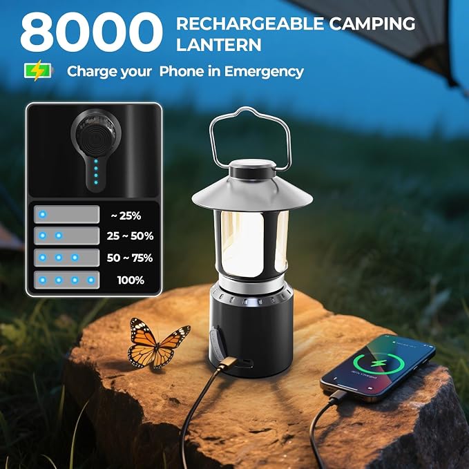 LED Camping Lantern, 8000mAh Telescopic Vintage Rechargeable Lantern, Dual Light Source & 3 Light Modes (2000K-6500K), 360° Lighting Emergency Lights for Camping, Home Power Outage, Hurricane, Hiking