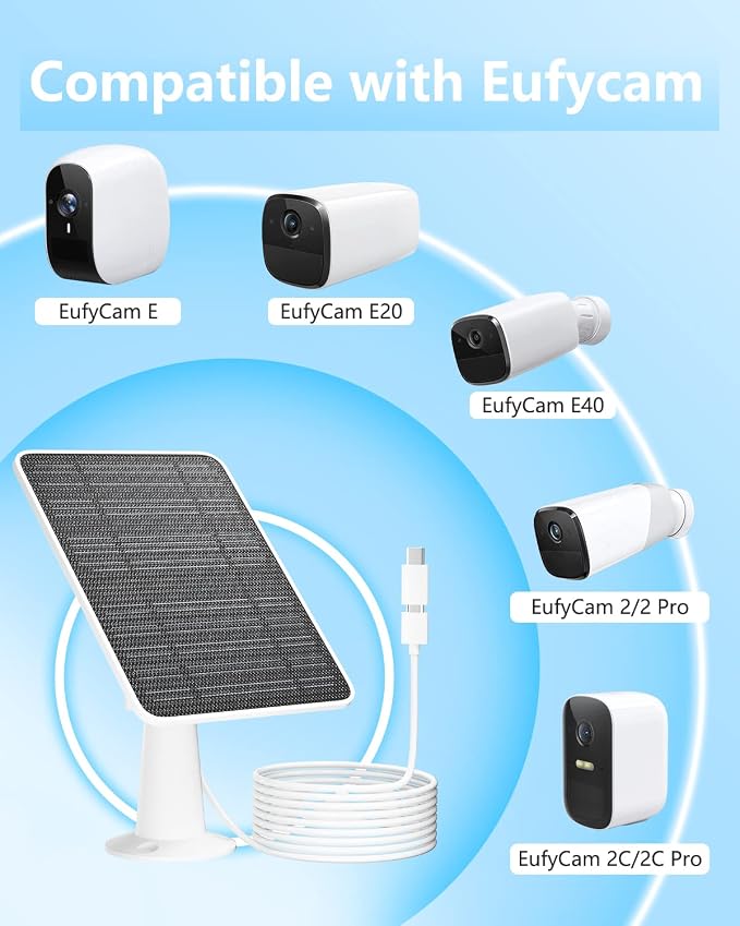 Solar Panel for Security Camera, 5W Solar Panel Charger Compatible with Eufycam 3/3C/2/2 Pro/2C/2C Pro/E/E20/E40/L20/L40/Solo/SoloCam Spotlight, Micro USB&USB-C Port IP65 Waterproof 10ft Cable, 4 Pack