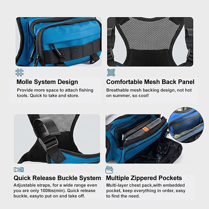 Fishing Chest Pack Vest Bag Floating Landing Net Accessory Gifts for Men | Tackle Box, Fishing Lures Kit, Hook Remover, Fish Lip Gripper, Fishing Plier Friendly for Beginners (w/ Fish Net) Blue