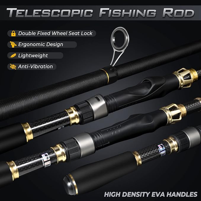 PLUSINNO Fishing Rod and Reel Combo, Telescopic Fishing Pole Kit with Spinning Reel, Tackle Box, Fishing Lures and Travel Carrying Bag, Fishing Gear Gifts for Men