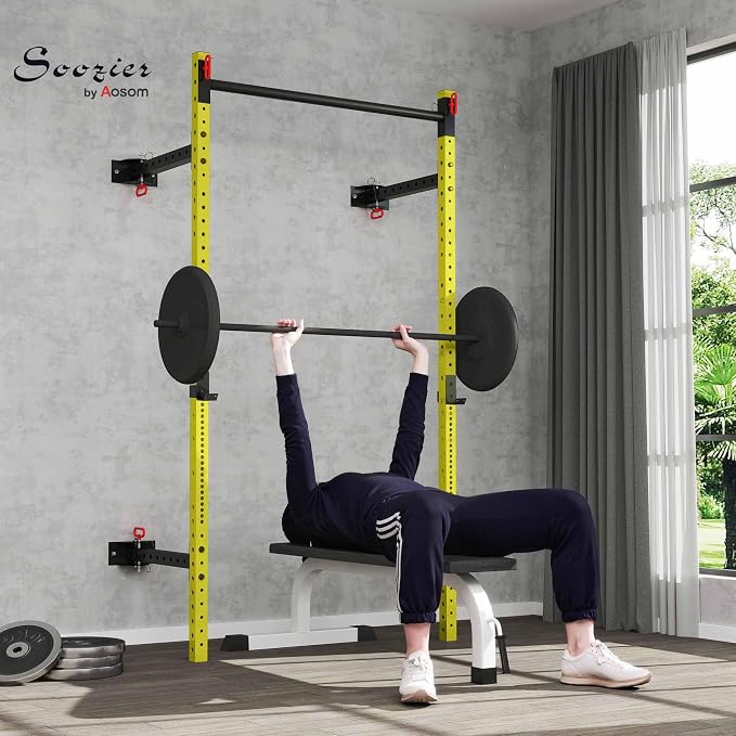 Soozier Folding Squat Rack with Adjustable Pull-Up Bar, 1000 Pounds Capacity Wall Mounted Power Rack, Adjustable Steel Barbell Rack with J Hooks for Home Gym Full Body Workout