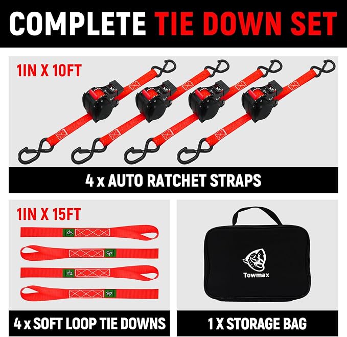Retractable Ratchet Straps (Patented-4pack) - 1 inch x 10Feet (1,800lb Break Strength) Auto Self Retracting Tie Down Straps - Self Retractable Straps with Refletcive for Motorcyle, Truck or Cargo