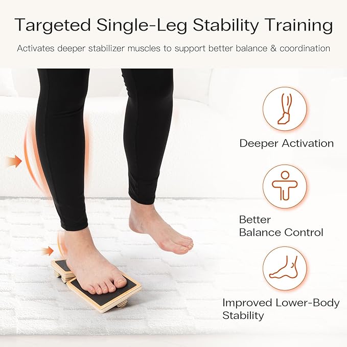 StrongTek Single-Leg Balance Board and Rocking Foot Rest Set, Single-leg ankle trainer with carry bag and exercise guide plus 18 in rocking wood foot rest for balance and desk use
