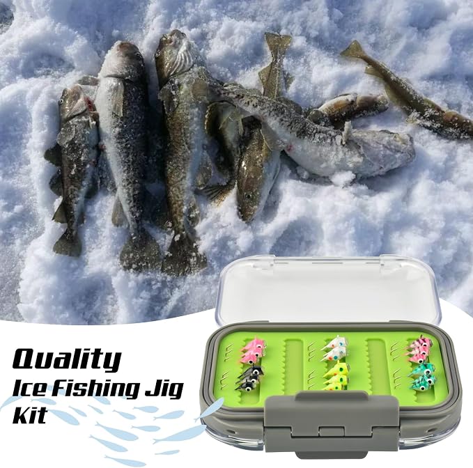 Tungsten Jigs, 18/27Pcs Tungsten Ice Fishing Jigs Kit for Panfish 3.2/4/5mm Glow in Dark Teardrop Ice Fishing Lure Jigs with Two-Sided Jig Box Assortment