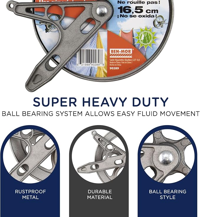 Ben-Mor Strata Outdoor Clothesline Pulley Ball Bearing Style - 6.5” Heavy Duty Metal, Rustproof Silver Pulley for Clothes Line Outdoors, Outdoor Laundry Line Pulley for Clothes, Coat, Blankets & More