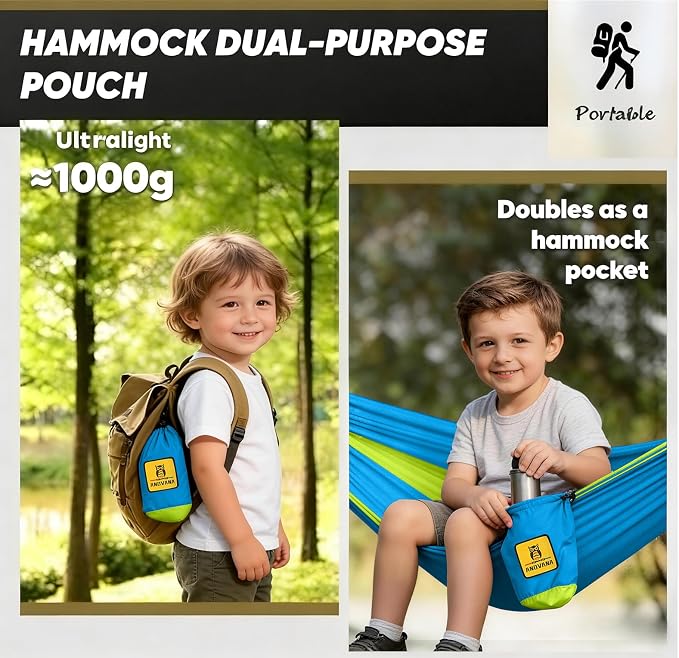 Kids Camping Hammock with Mosquito Net, 450 lbs Portable Hammock with Tree Straps, 2-in-1 Double/Single Travel Hammocks for Children, Hammock for Outside/Indoor/Backpacking/Beach - Sky Blue & Green