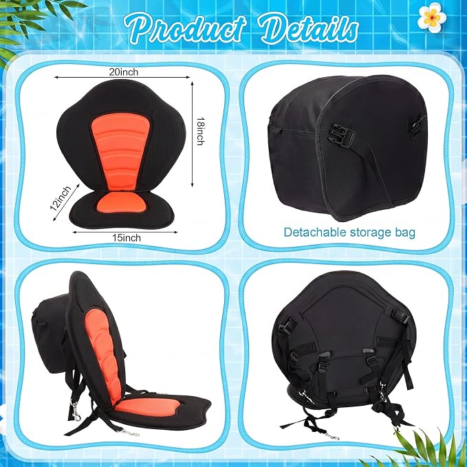 Vinsot Kayak Seat Cushion Universal Paddle Board Seat with Back Support Adjustable Non Slip Boat Chair Seats with 4 Straps and Storage Bag for Kayak Boat Sup Canoe