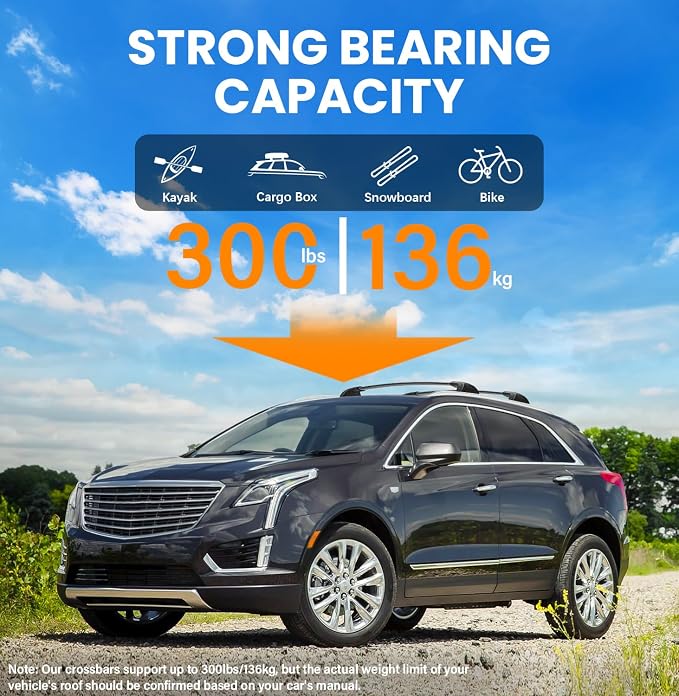 300lbs Lockable Roof Rack Cross Bars Compatible with Cadillac XT5 2017 2018 2019 2020 2021 2022 2023 2024 2025 2026, Aluminum Roof Crossbar for Rooftop Cargo Carrier Kayak Bike Snowboard