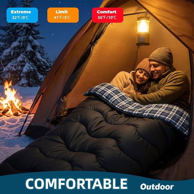 0 Degree Flannel Double Sleeping Bag for Adults, Couples or Family - Winter Queen Size Waterproof & Warm 2-Person Sleeping Bag for Cold Weather Camping, RV Travel