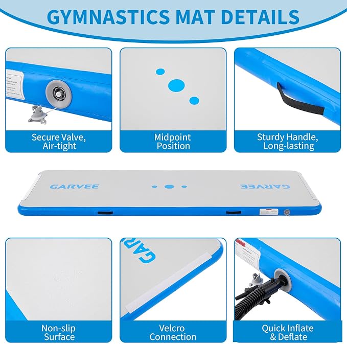 Garvee Inflatable Air Gymnastics Mat, 10ft/13ft/16ft Training Mat with Air Pump & Storage Bag, Tumble Track Mats, 4 Inches Thickness Gymnastics Tracks for Outdoor Cheerleading Yoga Exercise