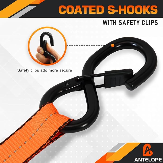 Ratchet Tie Down Straps Set, 2100 LBS Breaking Strength, 4 Pack 1" x 15' Heavy Duty Ratchet Straps, Cargo Strap, Motorcycle Straps for Trucks, Bicycle, Kayak, Moving, Tie Downs with S Hooks, Orange