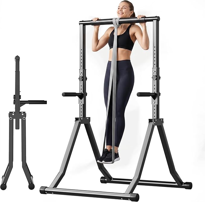 Foldable Power Tower Dip Station for Pull Ups, 66.1"-84.6" 12 Level 700 LBS, Adjustable Dip Handles & Assistance Bands Foldable Home Gym Equipment