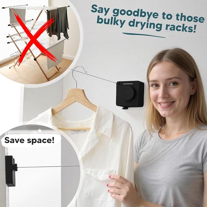 GorillaLine Basic - Retractable Clothesline Indoor Outdoor Clothes Line - Non-Sagging Heavy Duty Clothes Drying Laundry Line - Wall Mounted Drying Rack - Air Dry Clothing - Tighten with GorillaGrip
