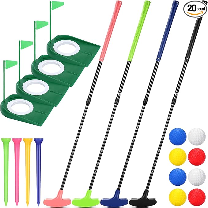 MiniInflat 4 Set Mini Golf Putters with 8 Balls, 4 Golf Putting Cup and Flag, Tees, Two Way Adjustable Length Putter for Right or Left Handed Golfer(Natural)