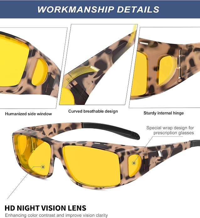 KALIYADI Night-Vision-Glasses Fit-Over-Glasses Wrap-Around Glasses: Anti Glare Night Driving Glasses for men women HD Lens