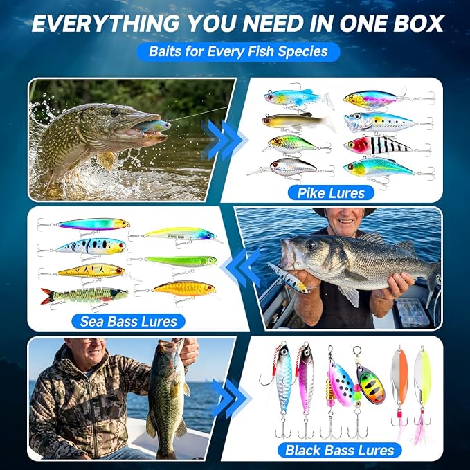 PLUSINNO Fishing Lures Kit Tackle Box, Premium Fishing Bait Set for Bass, Trout, Crappie, Walleye, Fishing Gear Accessories Kit for Freshwater & Saltwater, Fishing Gifts for Men