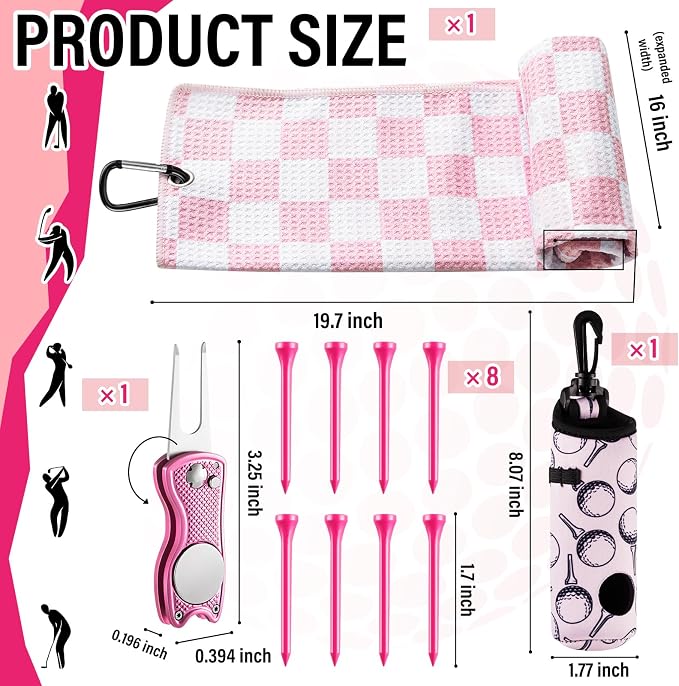 13 Pcs Pink Golf Accessories Kit, Checkered PU Leather Blade Putter Headcover, Water-Resistant & Easy-to-Clean, Magnetic Ball Marker, Tees, Divot Tool, Towel & Brush, Gift for Women Girls