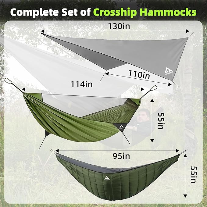 Camping Hammock with Mosquito Net, Underquilt & Rain Fly Tarp – 2 Person Portable Backpacking Hammock Set for Hiking, Backpacking, Travel, Backyard, Beach – Holds Up to 500lbs (Green)