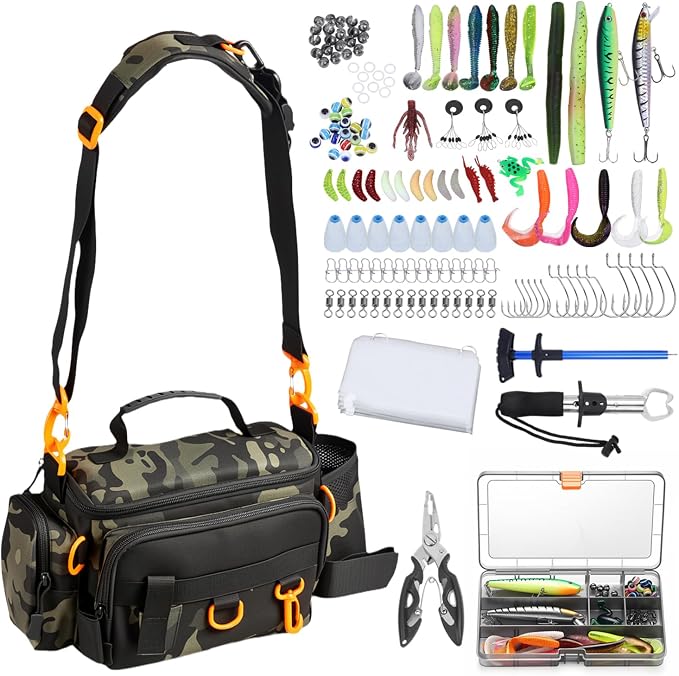 Fishing Tackle Bags with Tackle Box,Waterproof,Padded Shoulder Strap,Gear Storage,Fish Bag with 136 Pcs Fishing Lures Kit,Fish Hook Remover Tool,Fish Lip Gripper,Fishing Plier,Gifts for Men (Green)