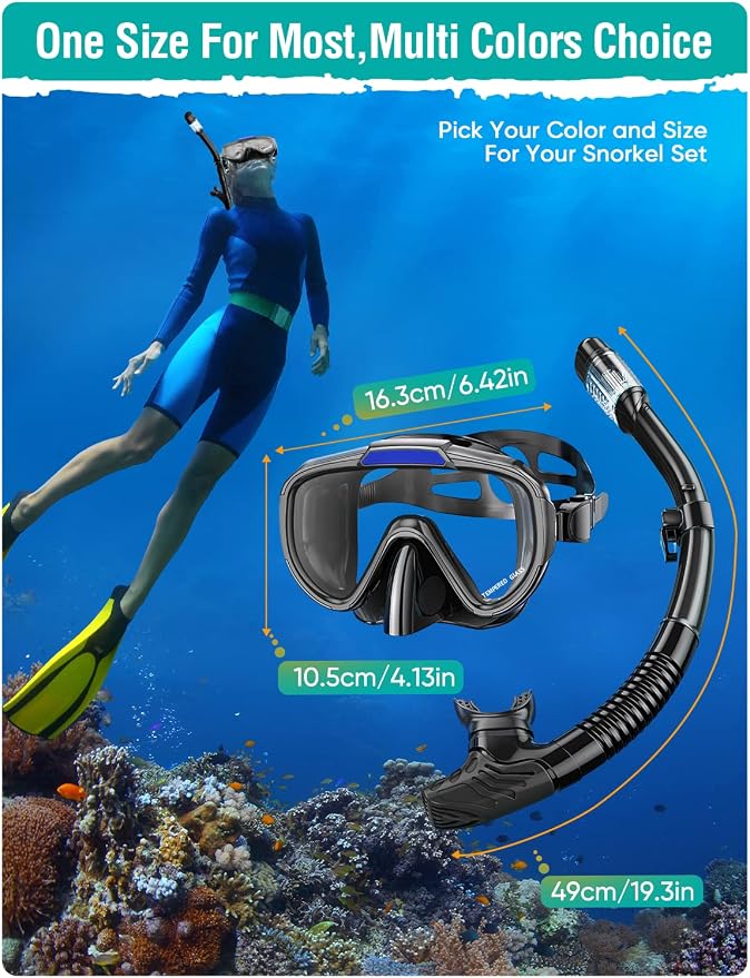 Seovediary Snorkel Set Adults Snorkeling Gear Anti-Fog Panoramic View Swim Mask Dry Top Snorkel Kit with Carry Bag for Snorkeling Scuba Diving Swimming Travel
