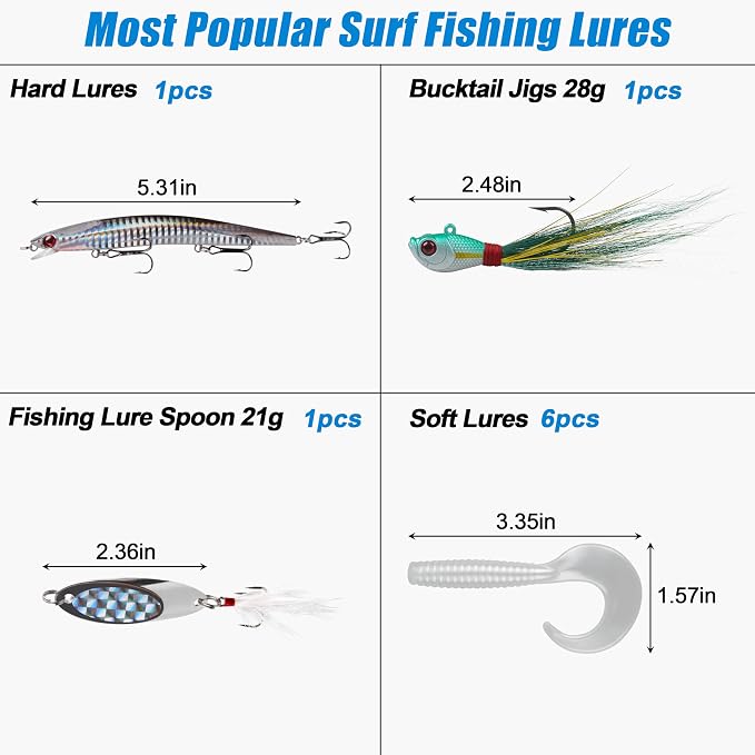 SILANON Saltwater Surf Fishing Tackle Kit,174pcs Ocean Saltwater Fishing Gear Surf Fishing Rigs Saltwater Lures Bucktail Jigs Pyramid Sinkers Fishing Floats Hooks Swivels Surf Fishing Accessories