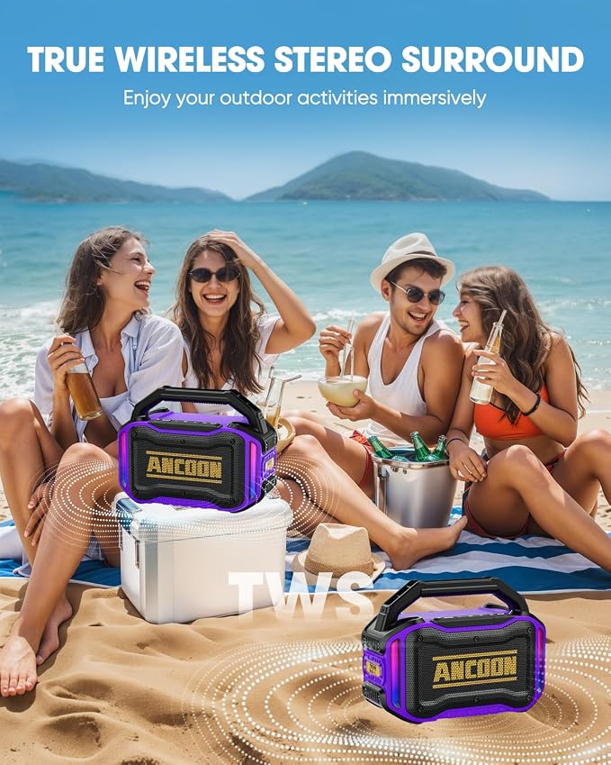 ANCOON Speakers Bluetooth Wireless: 80W(Peak) Loud Speaker with Bass, 20H Playtime, IPX6 Waterproof, Large Jobsite Speakers for Work, Outdoor, Workshop, Garage, Portable Speaker with TWS (Purple)