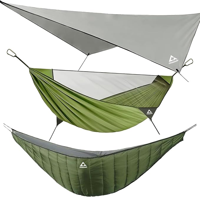 Camping Hammock with Mosquito Net, Underquilt & Rain Fly Tarp – 2 Person Portable Backpacking Hammock Set for Hiking, Backpacking, Travel, Backyard, Beach – Holds Up to 500lbs (Green)