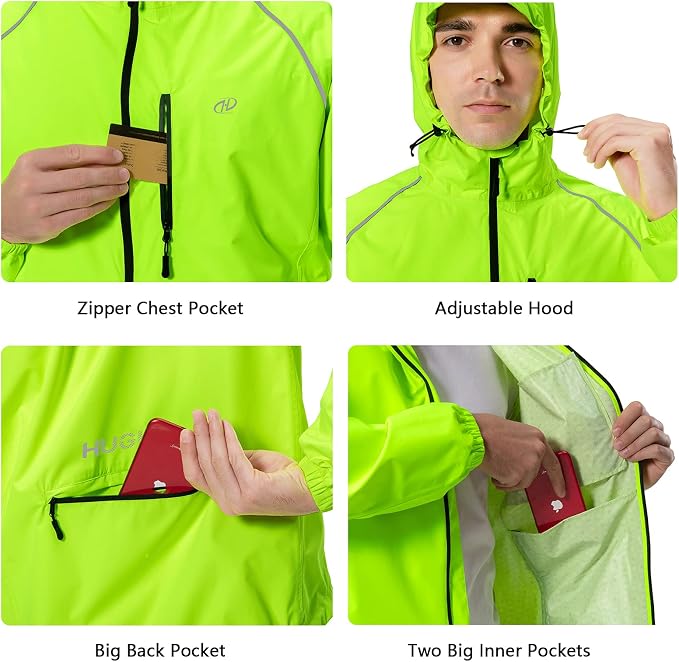 Hugut Men's Cycling Running Rain Jacket Lightweight Waterproof Biking Hiking Windbreaker Raincoat Reflective Packable