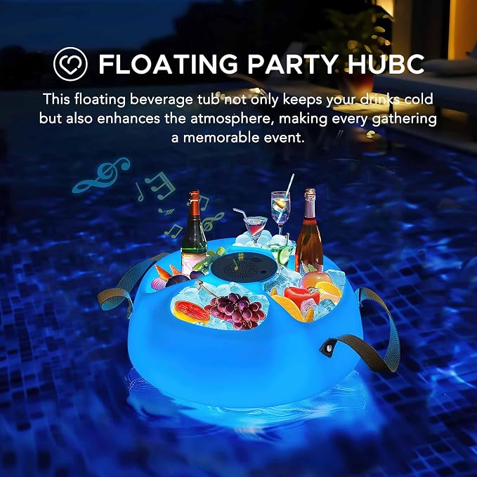 Sunjoy Floating Drink Holder with Ip66 Waterproof Bluetooth Speaker, Floating Pool Beverage Tub, Portable Bluetooth 5.0 Pool Speaker with RGB Light and Remote Controller