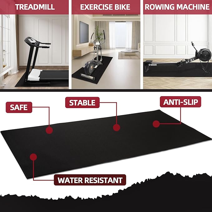Fitvids High Density 1/4-Inch Thick Gym Equipment Mat, Non-Slip Floor Protection for Heavy Exercise, Treadmill and Bike Mat in Multiple Sizes