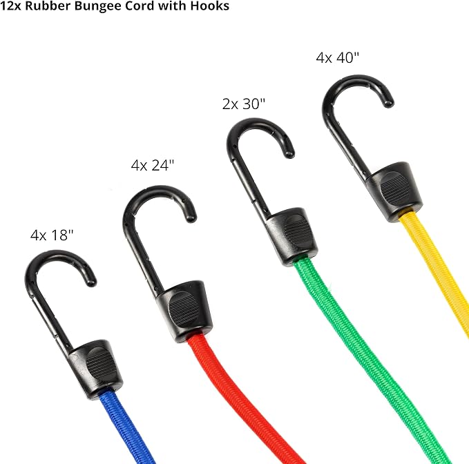 TOOLUXE 50888L Bungee Cords Kit, 36pc Assorted Bungee Cord Hooks Set, Large & Small Loop Rope with Hooks, Outdoor Canopy Ties, Ratcheting Straps, Steel Spring Clamps, Plastic Alligator Tarp Clips