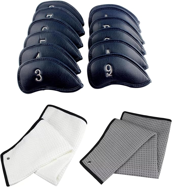 12pcs Synthetic Leather Golf Iron Head Covers Set + Golf T-Towel with Snap Closure, Waffle Pattern Golf Cleaning Towels for Golf Bags