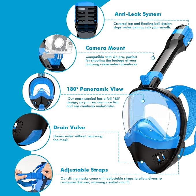 Full Face Snorkel Mask, Snorkeling Gear for Adults Kids with Latest Dry Top Breathing System and Detachable Camera Mount, with 180 Degree Panoramic View
