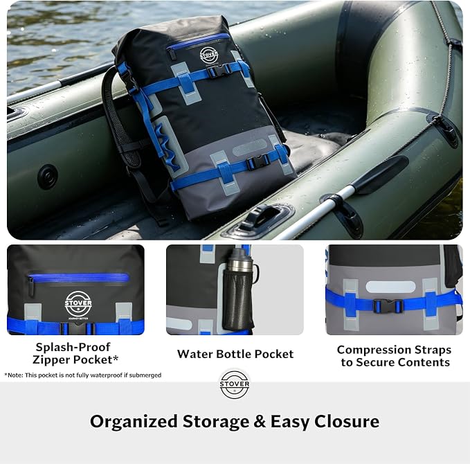 STOVER 40L Waterproof Dry Backpack & Phone Case - X-Large Floating Dry Bag for Kayaking, Travel, Hiking, Fishing, Camping, Motorcycles & Beach, Heavy-Duty Roll Top Men/Women (Black/Grey/Blue)