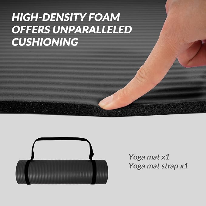 Signature Fitness Extra Thick High-Density Foam Yoga Mat – Multiple Thicknesses (1/2" & 1") / Multiple Colors – Double-Sided Non-Slip Surface – with Carrying Strap for Pilates, Yoga & Home Workouts