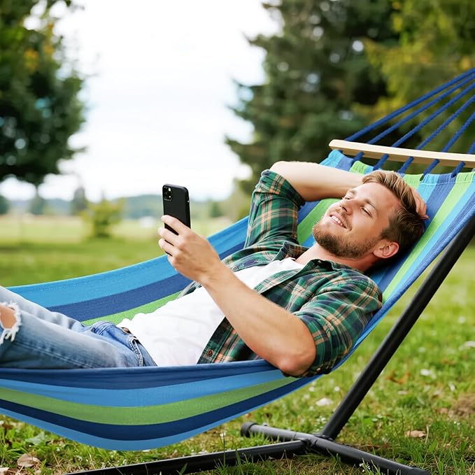 MOSFiATA Hammocks Portable Camping Hammock Upgraded 550lb Comfortable Fabric Hammock with Two Anti Roll Balance Beam and Sturdy Tree Straps for Camping, Patio, Backyard, Outdoor （Blue Green）