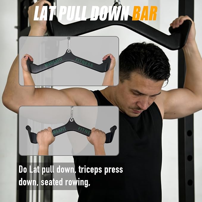 MARSAFIT Home Gym Fitness Rowing T-bar V-bar Pulley Cable Machine Attachment, Bicep Curl Tricep LAT pulldown Bar Back Strength Training Handle Grips LAT Pull Down Bar for Seat Row Workout