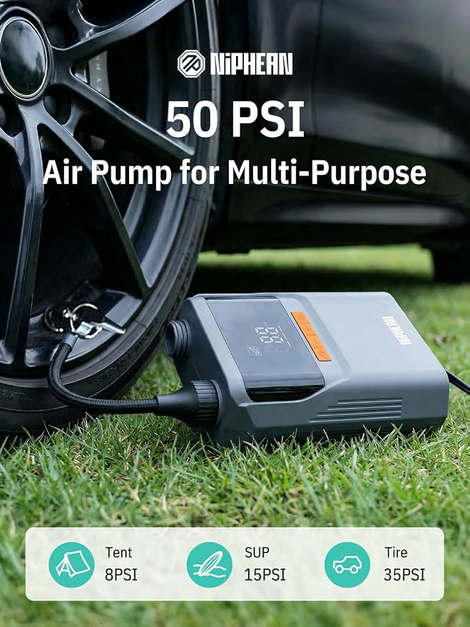 Niphean Paddle Board Electric Pump with Battery 50 PSI Rechargeable Air Pump Dual Stage Auto Inflation&Off 12V DC Car Connector Portable SUP Pump for Stand Up Paddle Board, Kayak, Tent and Tires