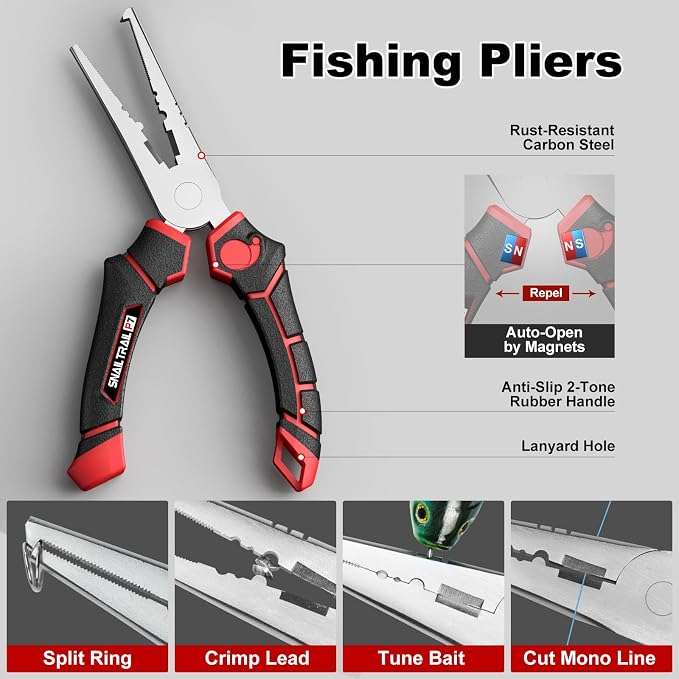 SNAIL TRAIL 7pc Fishing Tool Kit - 17" Pocket Fish Ruler & Knot Tying Guide, Split Ring Pliers, Braid Scissors & Bait Knife. Fish Lip Gripper, Hook Remover and Hook Keeper. Fisherman Gifts