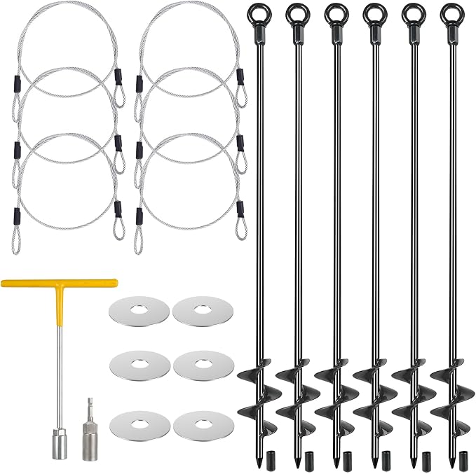 6 Pcs 30" Ground Anchors Shed Anchors Kit Heavy Duty 12mm Solid Steel, Triple-Turn Helix Earth Anchors for Sheds, Carport, Canopy, Gazebo, Trampoline, Mobile Home